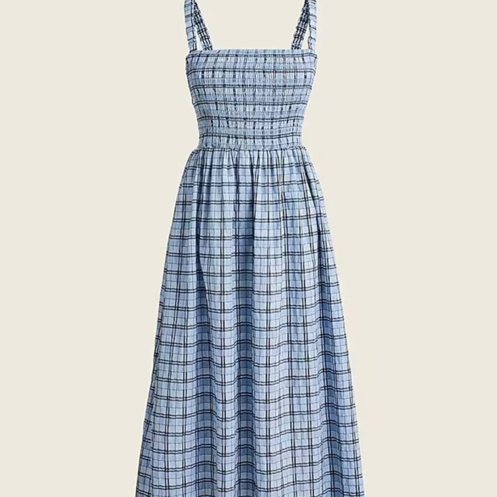 NWOT J.CREW Smocked Sleeveless Maxi Dress in Textured Plaid, Blue, Sz M
